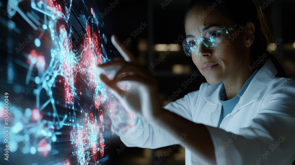 Aufkleber scientist analyzing holographic data on futuristic digital interface