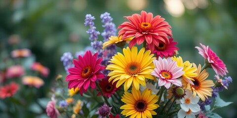 Fototapeta premium Vibrant and colorful floral arrangement in a peaceful nature setting with soft focus background, serene, colorful, floral