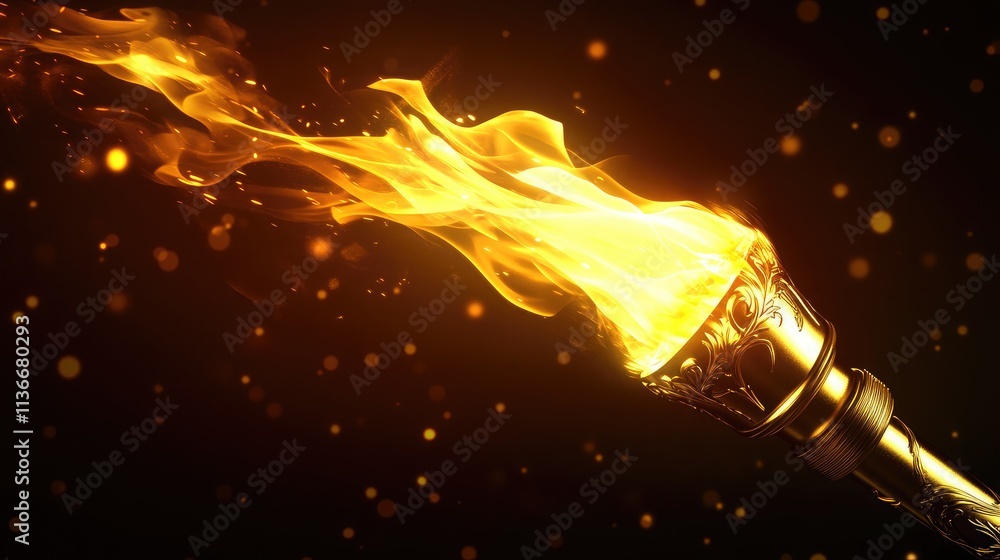 Poster golden torch with vibrant flames illuminated against a dark background creating an ambiance of warmt