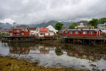 Naklejka premium Fishing cabins in Svolvaer, Lofoten Islands, Norway