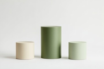 one green tubular product podiums at the center, two smaller cubical product podiums in pastel color on the sides