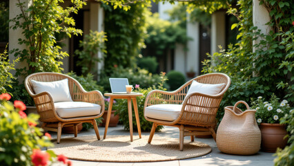 A cozy outdoor seating area with patio furniture on a beautiful day, perfect for enjoying summer Fridays.
