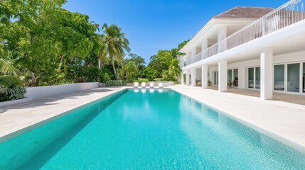 Fototapeta premium Relaxing Oasis by the Sparkling Pool in a Tropical Paradise During Bright Daylight