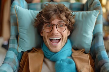 Obraz premium Young man expresses joy while relaxing on a comfortable chair indoors during a sunny afternoon