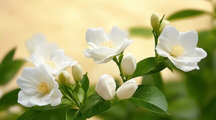 Obraz premium Jasmine Blooms Gracefully on a Lush Green Bush in a Tranquil, Sunlit Garden