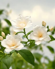 Obraz premium Delicate Jasmine Blooms Embrace Soft Light on a Vibrant Garden Bush