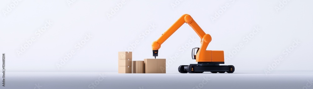 Poster a robotic arm is transferring boxes in a minimalistic setting, showcasing automation and efficiency 