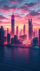 Abstract virtual cityscape with glowing neon lights, virtual, neon lights, urban, abstract, innovation