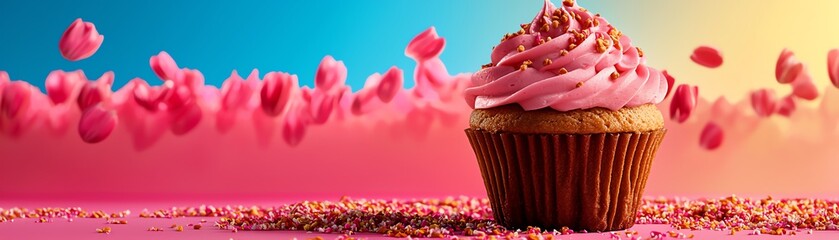 Dutch tompouce pastry with pink icing, tulip fields in full bloom under a crisp blue sky
