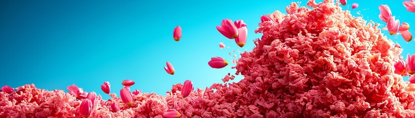 Dutch tompouce pastry with pink icing, tulip fields in full bloom under a crisp blue sky