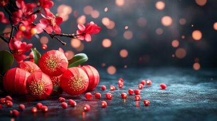 Fototapeta premium Celebration of spring with red decorative elements and cherry blossom branches in vibrant setting