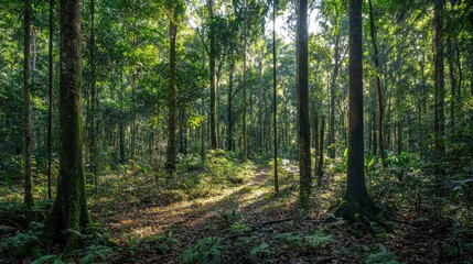 Fototapeta premium Lush Green Rainforest Sunlight Dappled Path