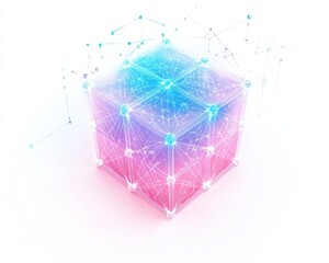 A vibrant abstract cube design with interconnected nodes and glowing lights.