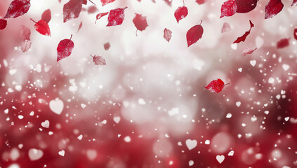 Obraz premium Red and white background with gently falling snowflakes, blurred autumn leaves in the foreground, creating a festive winter atmosphere.