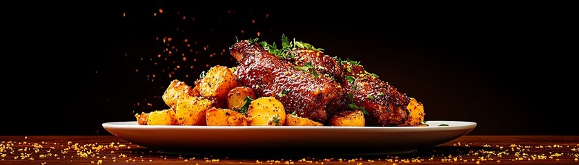 French duck confit with roasted potatoes, a serene village square in the Dordogne region