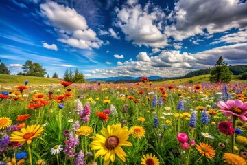 Obraz premium Vibrant Wildflower Meadow Under a Blue Sky with Lush Green Grass, Perfect for Nature Lovers and Outdoor Enthusiasts Seeking Bright and Colorful Scenery in Spring or Summer