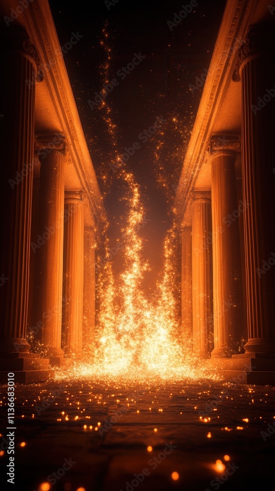 Poster a fiery spectacle illuminates a grand corridor lined with columns, creating a dramatic and mystical 