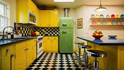 "A warm mid-century kitchen with bright yellow cabinets, a vintage green refrigerator, and chrome bar stools, complemented by checkered black-and-white floor tiles and colorful ceramic plates arranged