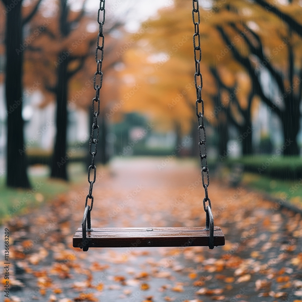 Poster an empty swing hangs in a serene, tree-lined park path adorned with fallen autumn leaves, creating a