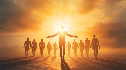 Fototapeta premium Silhouetted Figures Walking Towards a Bright Sunrise in a Dreamlike Landscape Evoking Themes of Unity and Hope Amidst a Golden Horizon