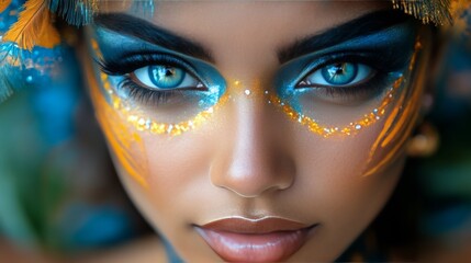 Bright blue eye with intricate makeup showcasing artistic expression and vibrant colors
