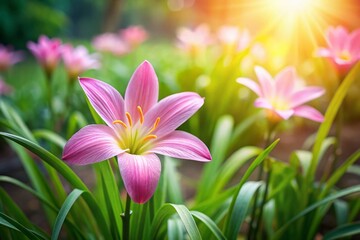 Fototapeta premium Vibrant Zephyranthes Grandiflora Blooms in a Lush Garden Setting with Soft Green Background and Ample Copy Space for Text Overlay or Branding
