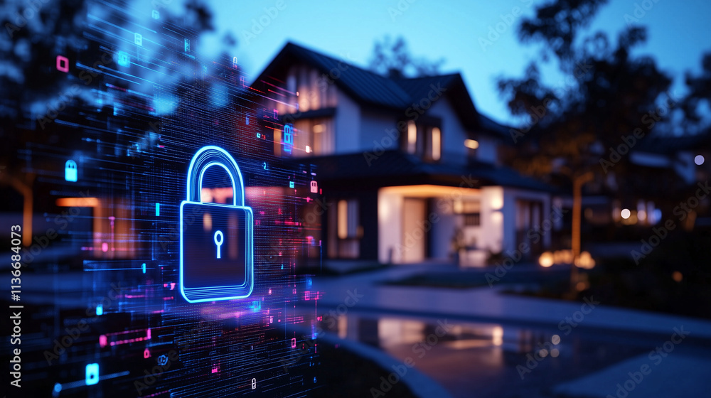 Poster a multi-level smart house with dynamic led lighting displays a holographic padlock icon projected ne