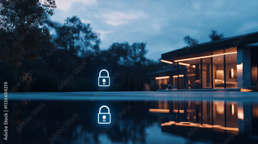 Poster a tranquil smart home with panoramic windows reflects the glowing padlock icon floating in its autom