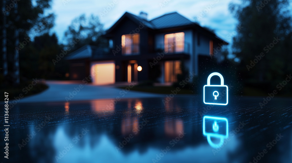 Poster a tranquil smart home with panoramic windows reflects the glowing padlock icon floating in its autom