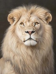 Fototapeta premium A captivating portrait showcasing a huge, magnificent male African lion against a dark backdrop