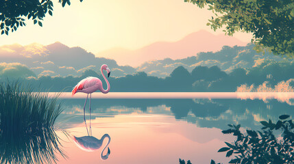 Flamingo standing in a serene lake, its reflection mirrored in the still water, emphasizing grace and tranquility. Mirrored. Illustration