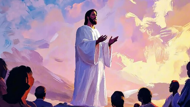 Jesus Christ speaks to a crowd, sharing messages of love and compassion against a backdrop of colorful skies as evening descends. The gathering radiates warmth and hope