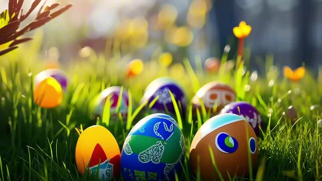 In a vibrant garden, decorated eggs hunt in various colors are nestled in green grass surrounded by blooming flowers. This festive display symbolizes the joy of spring and love