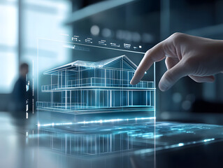 futuristic real estate property house apartment home buying new construction technology, holographic projection digital model innovation architect engineering design