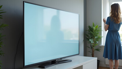 Fototapeta premium Presentation slides mockup displayed on TV screen with woman in blue dress in background