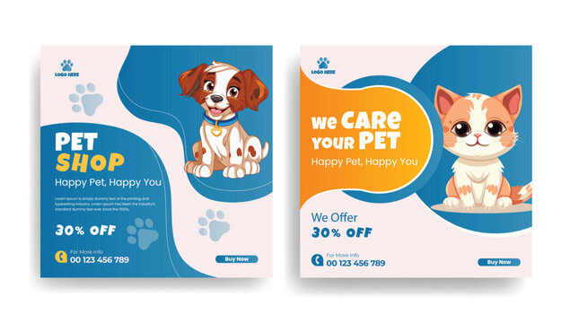 Pet shop, pet food, veterinary doctor social media post or square flyer or poster set, pet shop website banner pack for promotional pet care advertising template bundle