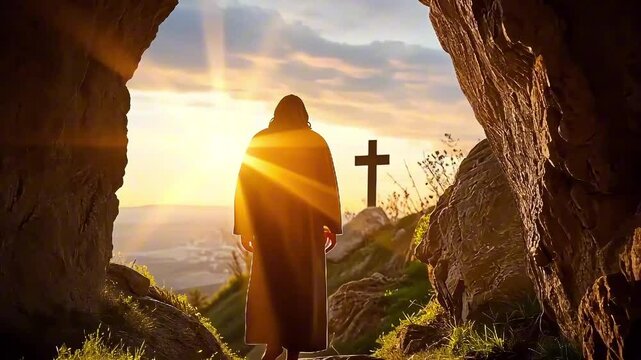 A figure in a long robe walks towards a radiant sunset, symbolizing hope and love. The backdrop features a cross, enhancing the theme of spirituality and reflection