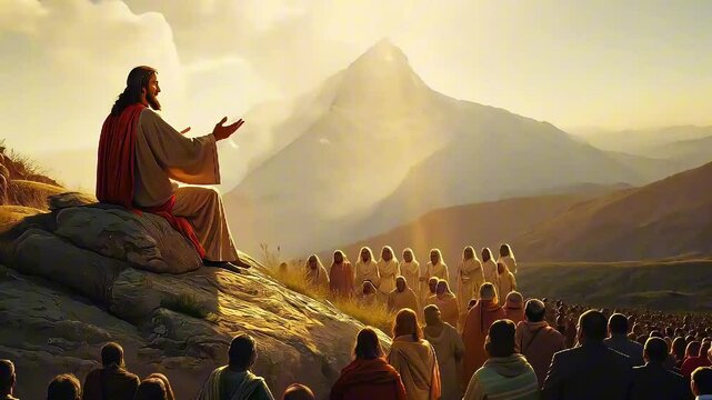 Jesus Christ speaks to a gathering of followers in a tranquil mountain landscape. The warm light of sunset creates a peaceful atmosphere as he conveys his messages of love