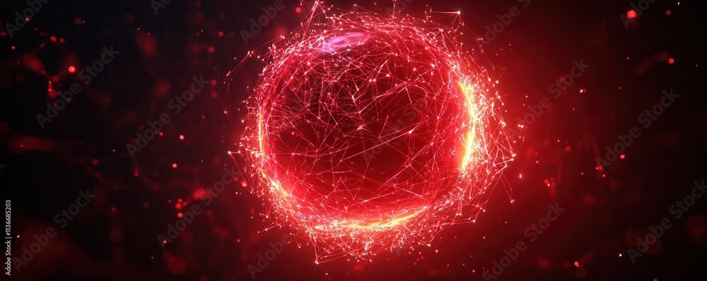 Poster a glowing red sphere with intricate patterns of light, resembling a cosmic entity or energy source, 