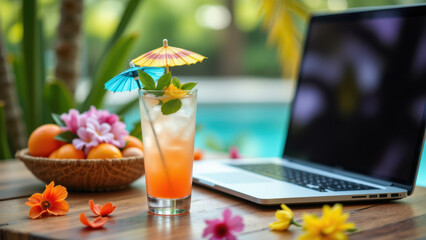 Summer Fridays' vibe with a laptop on a patio table next to tropical drinks and fruits under an umbrella by a pool.