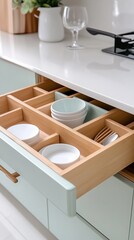 Wellness-focused kitchen design, Elegant Kitchen Drawer with Bamboo Organizers
