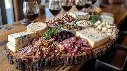 Obraz premium A beautifully arranged charcuterie board featuring various cheeses, meats, nuts, and accompaniments.