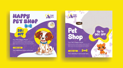 Pet shop, veterinary clinic, pet grooming, pet clinic social media post, banner, ads and advertising template with dog and cat illustration background design