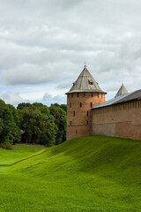 The Kremlin of Veliky Novgorod on a green field