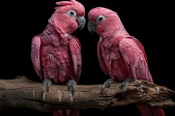 Fototapeta premium Two stunning pink birds perched on a branch in a dark environment highlighting their vibrant colors