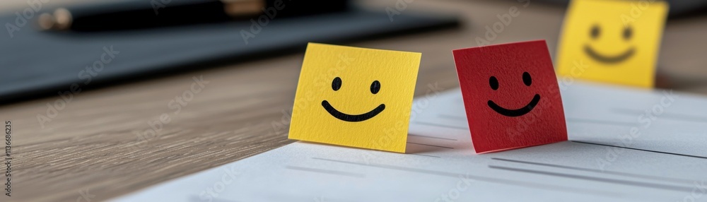 Poster a close-up of colorful sticky notes with smiley faces placed on a document, conveying positivity and