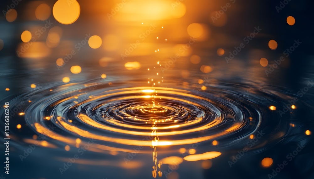 Poster Captivating Water Droplets Creating Ripples in a Pool of Tranquil Liquid with Sparkling Light Reflections and Warm Golden Hues