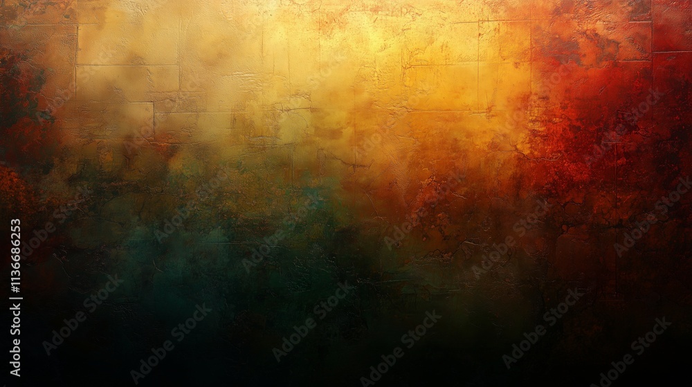 Poster wall with a red and yellow color scheme, and a background that is a mix of various colors. scene is 