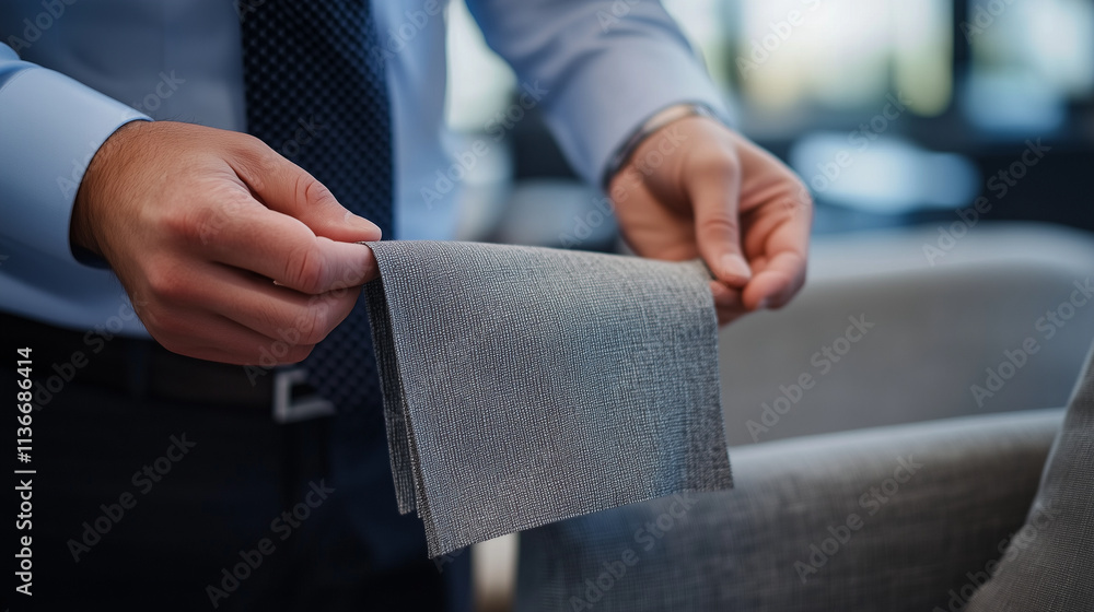 Poster the consultant holds two fabric samples side by side, assisting a customer in comparing their patter