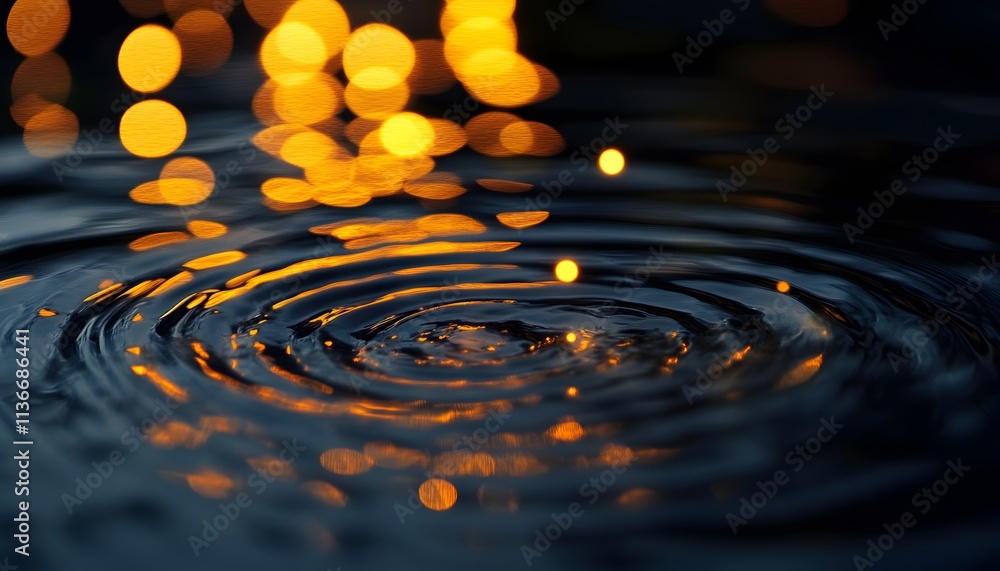 Poster Rippled Water Surface with Warm Bokeh Lights Creating a Dreamy Atmosphere and Soft Reflection in a Serene Setting for Artistic or Relaxing Themes